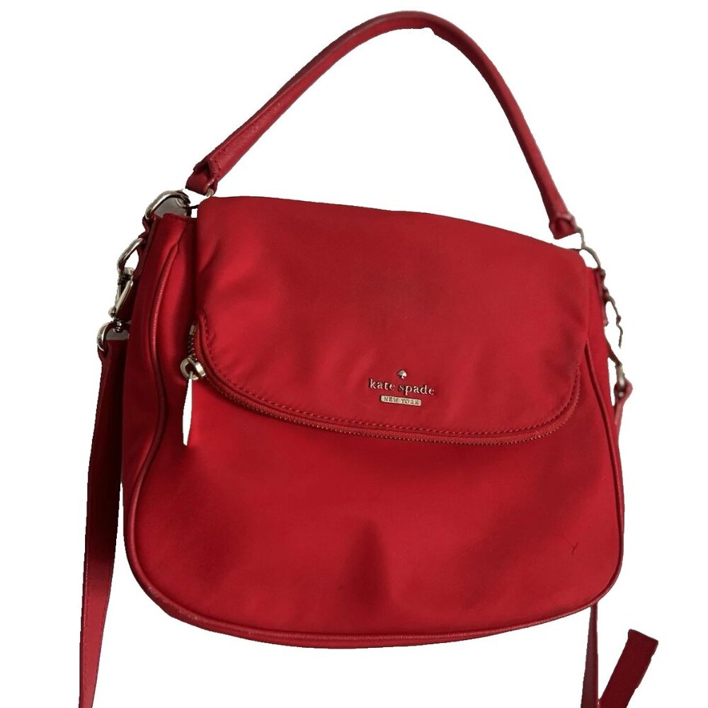 KATE SPADE Medium Saddle Flap Satchel Nylon Bag Crossbody Red color